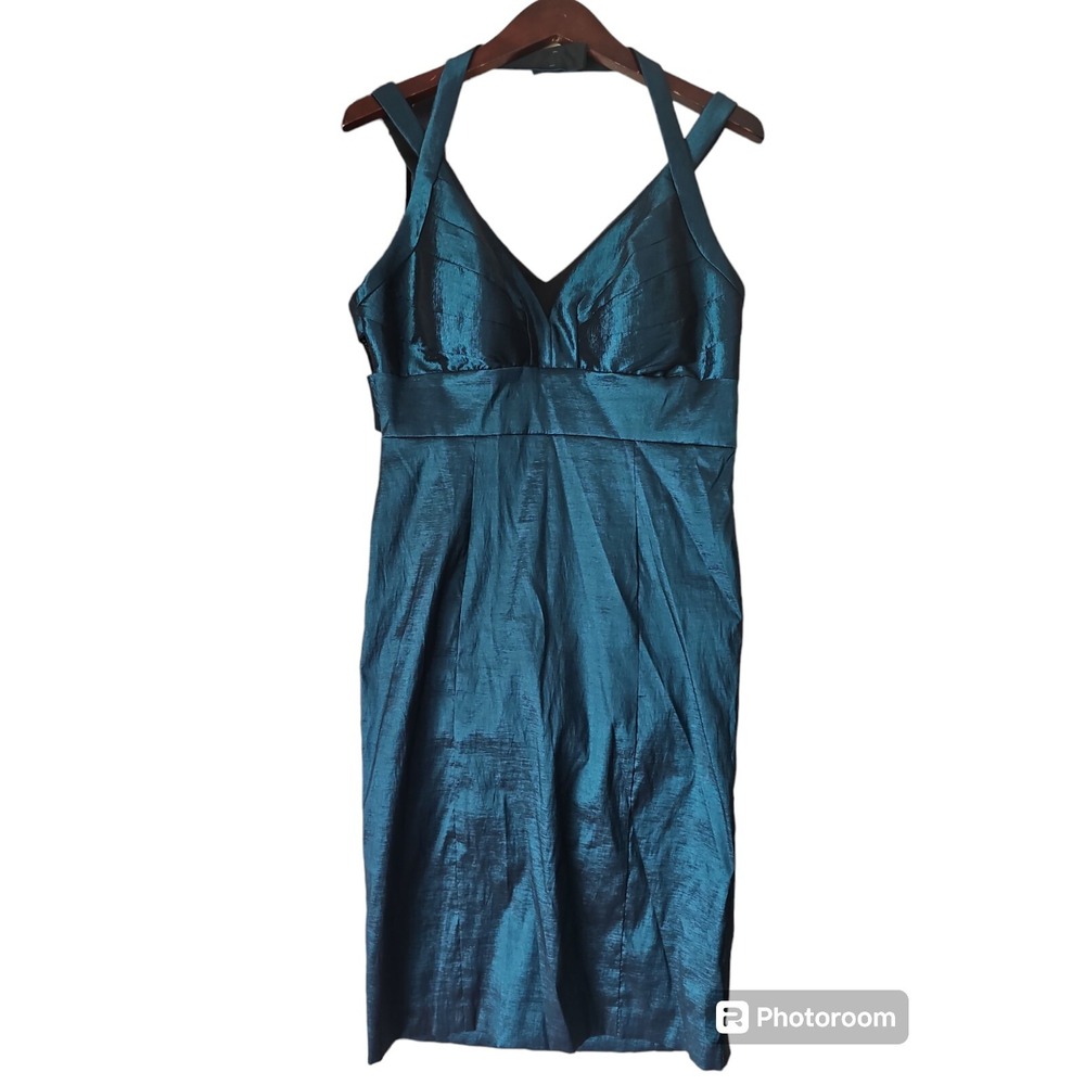 Xscape Women's Green Metallic Halter Strappy Open Back Sheath Dress Size 14